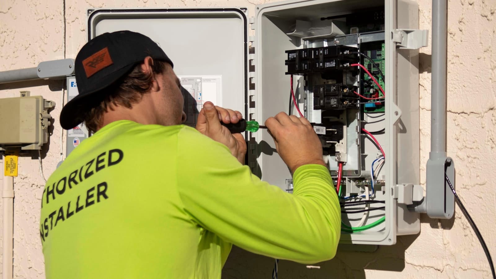 Electrician working on home electrical wiring in a junction box